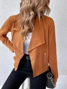 A women's light brown lapel irregular short coat, retro light mature style casual slim fitted commuting jacket, suitable for autumn and winter, suitable for daily commuting, light socializing in the workplace, weekend dating, etc. Womenswear