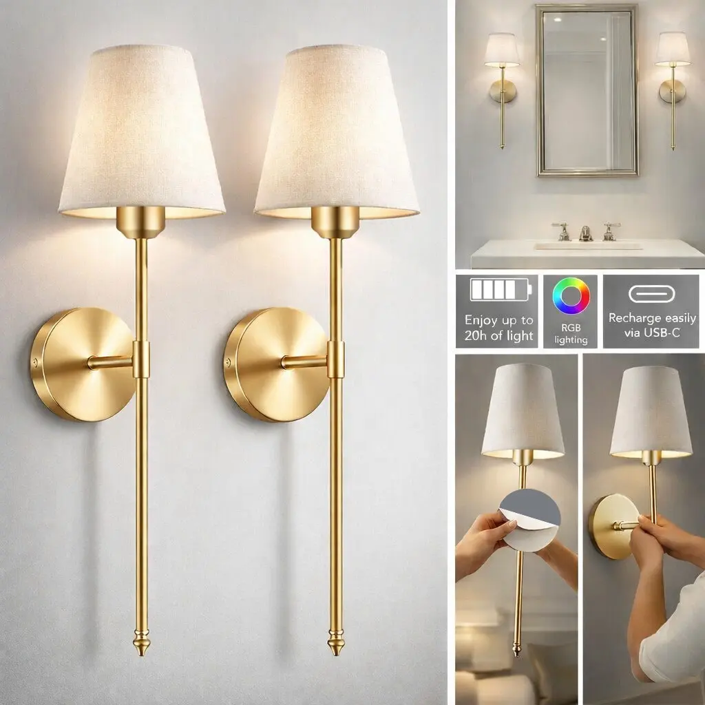 Wireless Battery-Powered Wall Lamps- Led Wall Light, Home Lighting, Stick-On or Screw Mount for Easy Installation, Rechargeable LED Bulbs, Remote Controlled, Dimmable Lights, Adjustable Brightness, Dimmable Wall Lamp