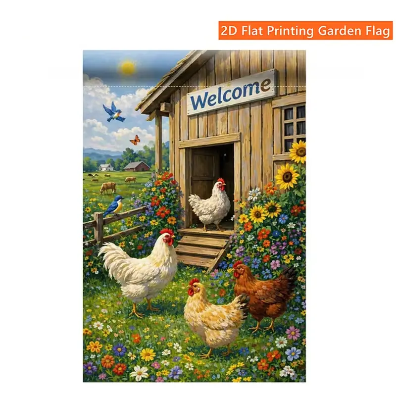 Rustic Farmhouse 2D Flat Print Decorative Yard Flag - No-Fuss Natural Porch Decor with Chicken, Sunflower, Floral, Wildflower & Bird Designs for Outdoor Lawn, Barn Porch to Add Welcoming Atmosphere & Rustic Touch