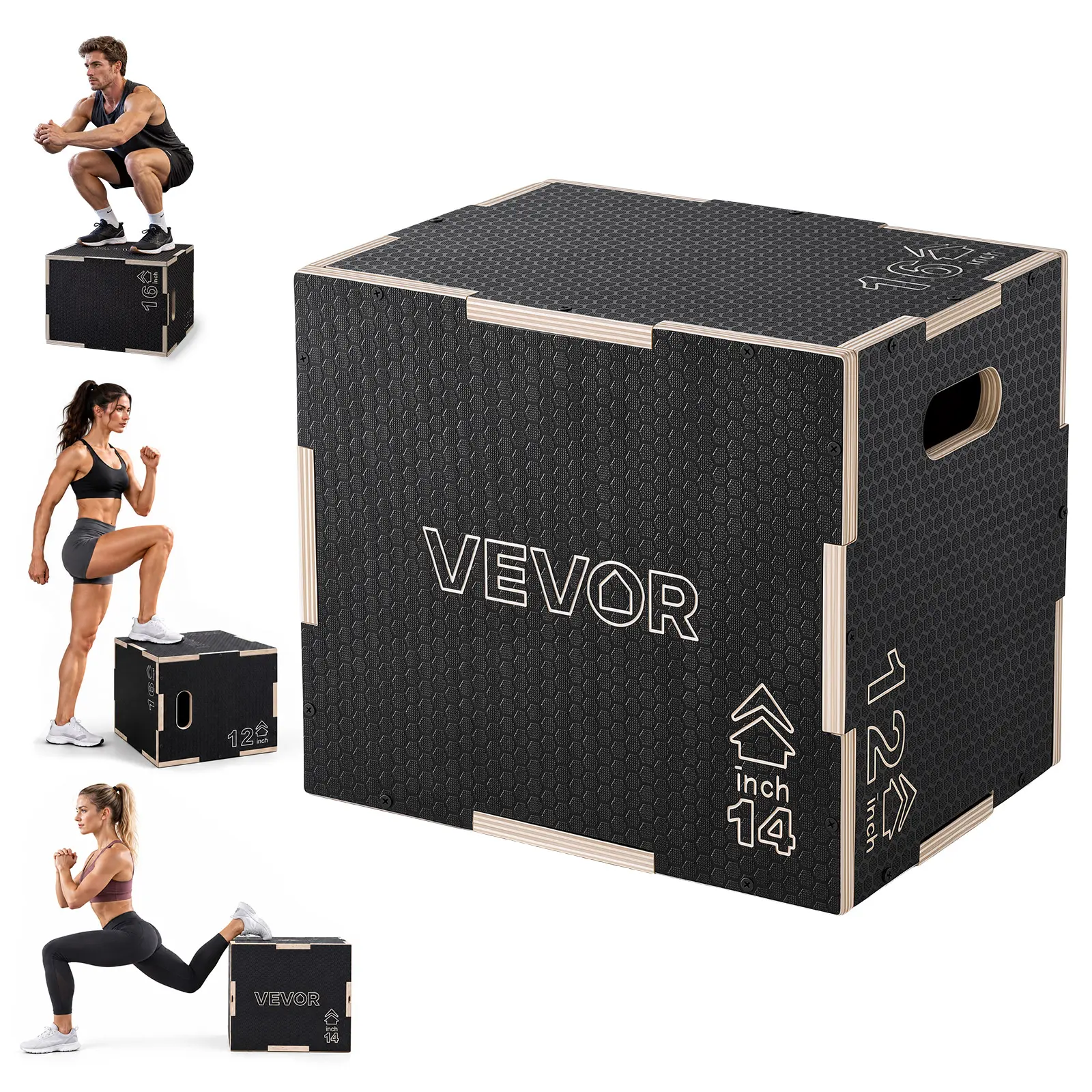 VEVOR 3-in-1 Wooden Plyo Box, 12/14/16-Inch, Non-Slip Plyometric Jump Boxes, for Home Gym, Step-Up Training Exercise Platform with Smooth Edges, Built-In Handles, Pre-Drilled Holes & Stable Support