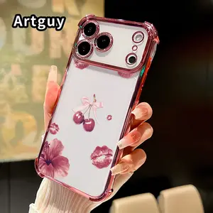 Cherry Kisses Pattern Phone Case for iPhone 17 Pro Max 16 15 Plus Air 14 13 12 11 E Four Corners Air Cushion Anti-drop Silicone Shockproof Cellphone Cover