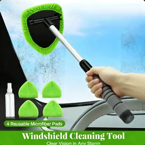 Automotive Windshield Glass Cleaning Tool, Adjustable Extendable Handle Window Cleaner with 4 Washable Microfiber Cloth Pads