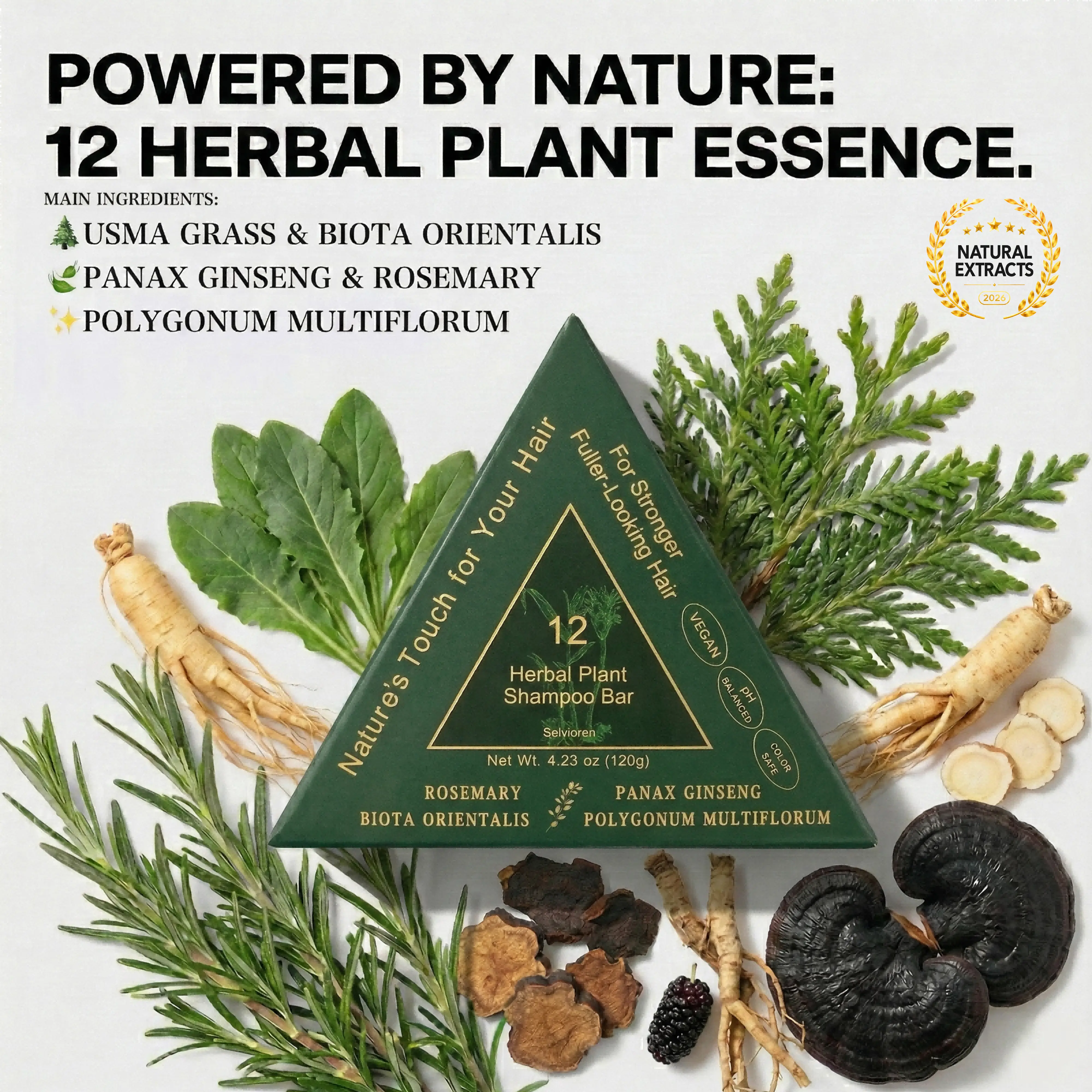Selvioren 12-Herb Rosemary & Usma Grass Shampoo Bar (120g) | Volumizing Wash For Thin-Looking Fine Flat Hair | Oily Scalp Detox | anti-dandruff anti-itch oil contro l Root Volume & Breakage Relief | Sulfate-Free Botanical Blend | Summer Care Essential