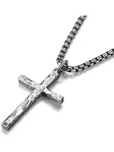 Sterling Cross Necklace Men  Oxidized Hammered Cross Pendant with Stainless Steel Box Chain Vintage Unique Crucifix Necklaces Silver Jewelry for Mens Women 18-26 Inches