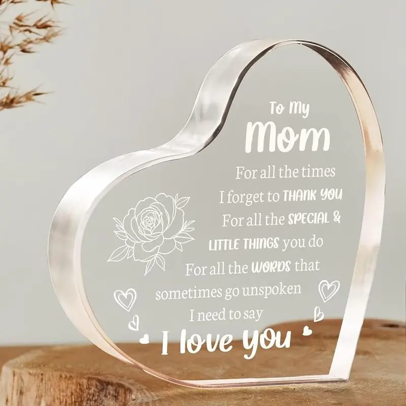 Risamil Heart Shaped Acrylic Block, Flower & Letter Pattern Decorative Ornament, Room Decorlnspirational Creative Gift for Mom,Valentine's Day Gift