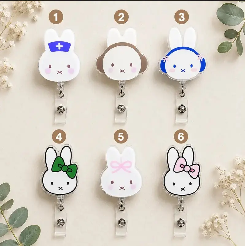 Nurse Rabbit Badge Reel, Aesthetic Bunny ID Holder, Cute Retractable Name Tag for Office Staff