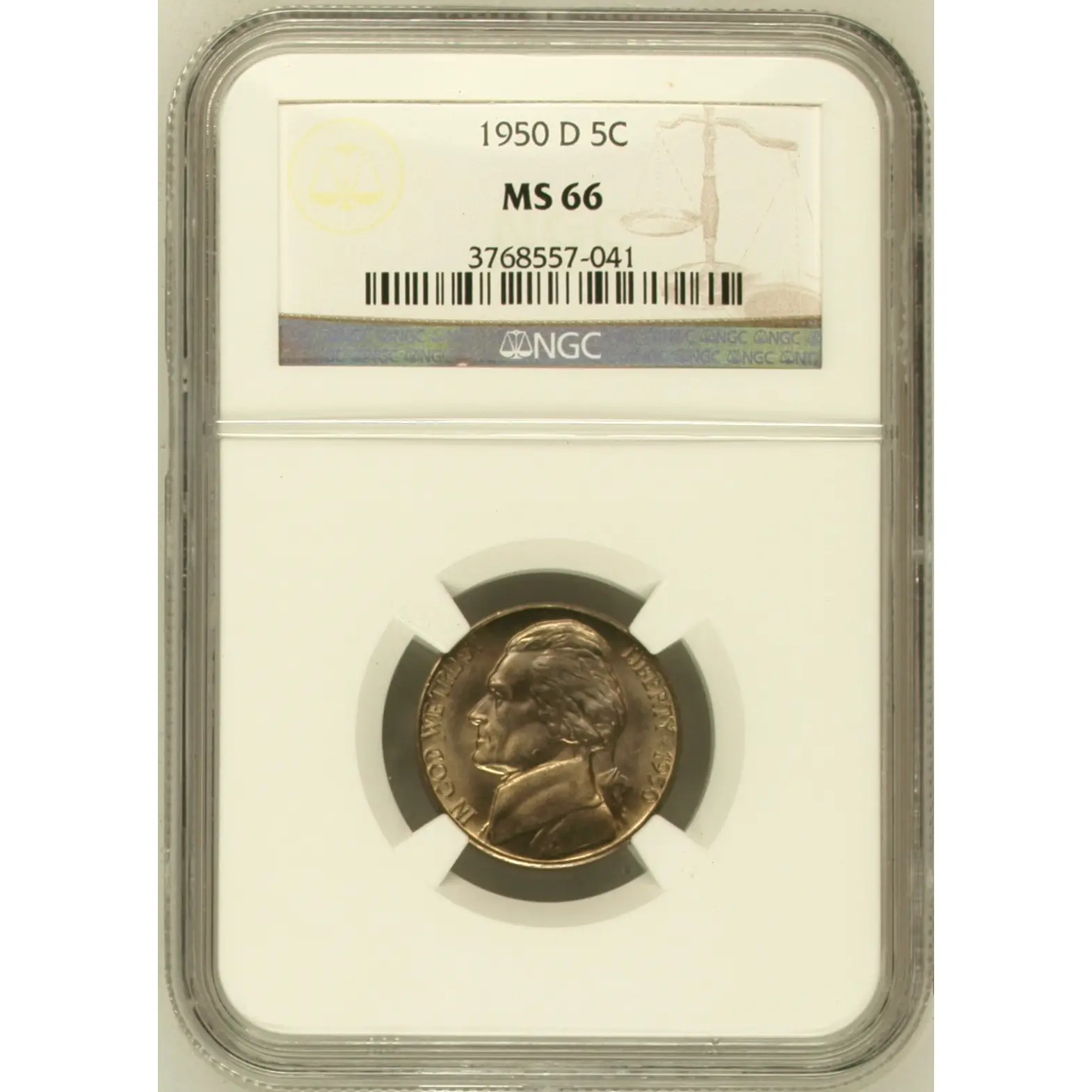 1950 D 5C JEFFERSON FIVE CENTS NGC CERTIFIED COIN MS 66