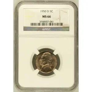 1950 D 5C JEFFERSON FIVE CENTS NGC CERTIFIED COIN MS 66