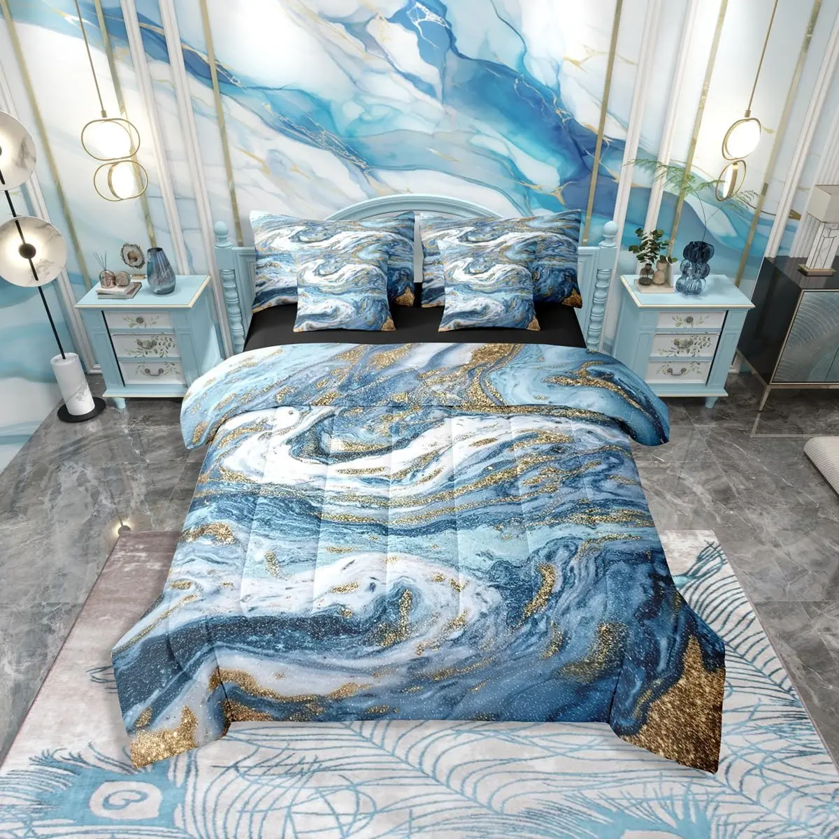 Blue and Gold Marble 7 Pcs Bedding Set,| Abstract Exotic Marbling Comforter Set with Sheets,Gold Glitter Fluid Art Bed in A Bag
