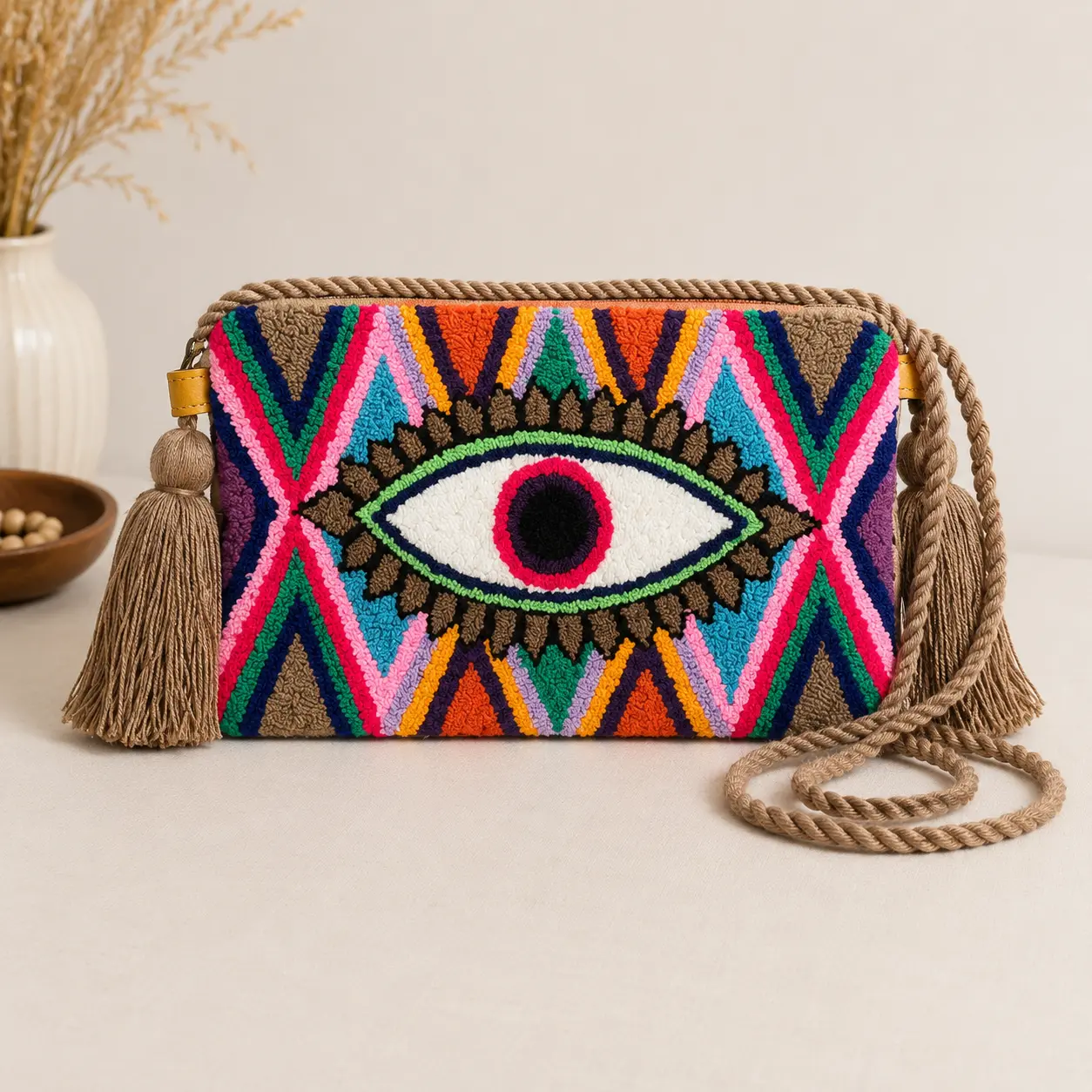 Women's Handmade Turkish Evil Eye Punch Needle Adjustable Crossbody Bag - Artisan Casual Fashion Purse, Women's Handbags, Adjustable Crossbody Purses, Crossbody Fashion Bag