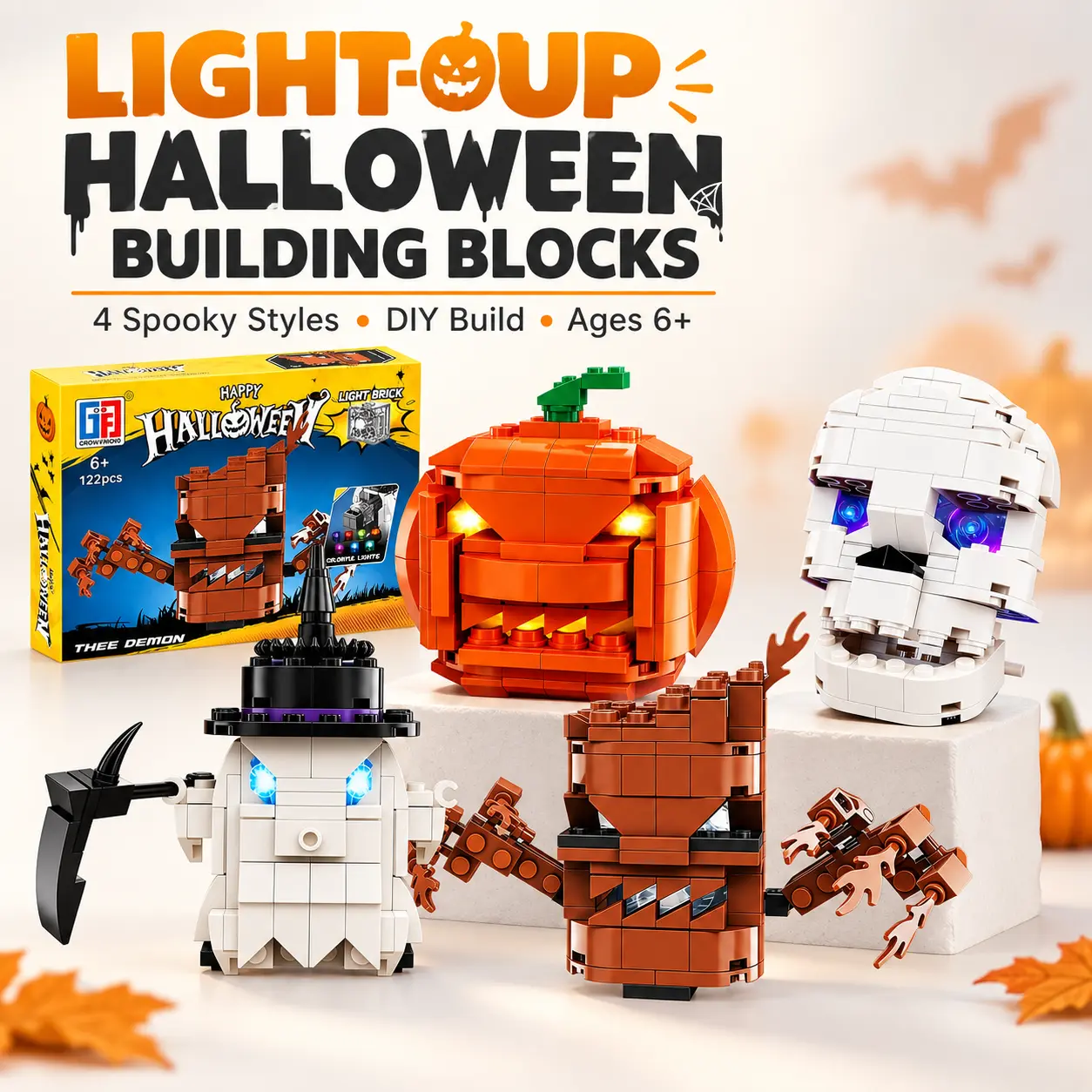 【Clearance Sale】LED Light-Up Halloween Building Block Set - DIY Construction Toy with Pumpkin Head, Skull, Ghost, Monster Figures, Spooky Desktop Decor, Halloween Gift for Ages 6+ (Kids & Adults)