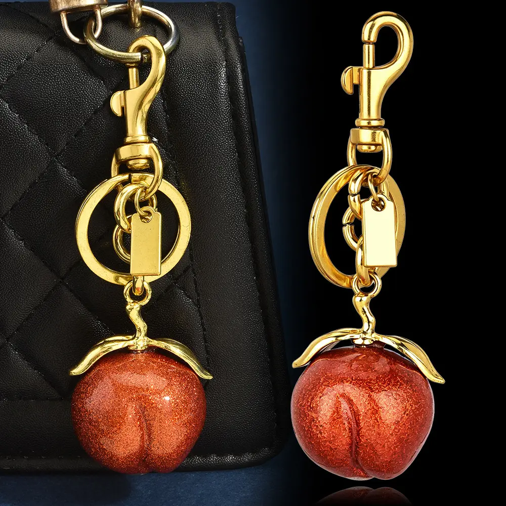 Glitter Persimmon Keychain, Trending Lucky Fruit Lobster Clasp Bag Charm, Gold Silver Dual Tone Metal Purse Pendant, Shiny Anti-Fade Hardware, Women’s Purse Decor Friendship Holiday Gift
