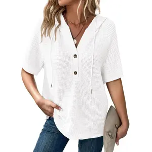 Dokotoo Womens Summer Waffle Knit Short Sleeve Tops Lightweight Drawstring Hoodies Button V Neck Casual Blouses Shirts