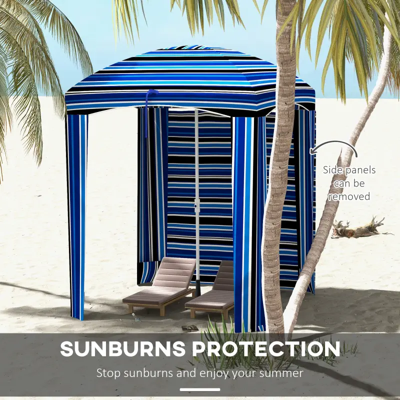 Outsunny 5.9' x 5.9' Portable Beach Umbrella, Ruffled Outdoor Cabana with Walls, Vents, Sandbags, Carry Bag, Blue Stripe
