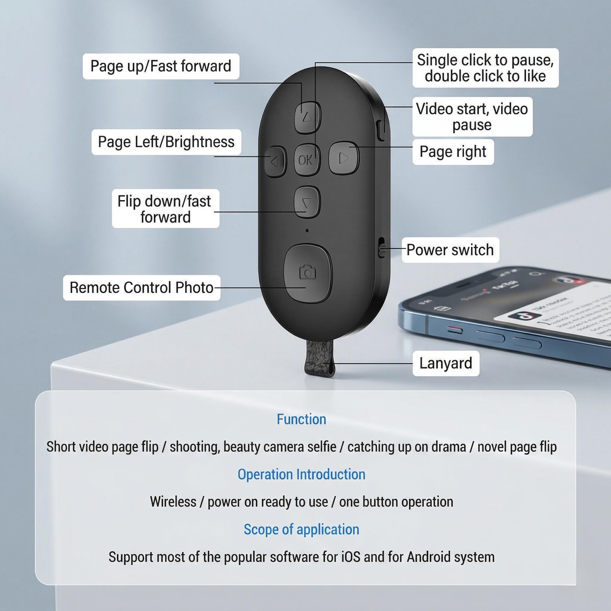 TikTok Scrolling Remote Control for Phone, Page Turner for Kindle App(Not for All Kindle Devices), Camera Shutter Controller for Photo and Video, Connect via Bluetooth, USB-C Charging