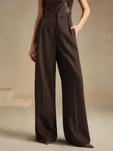 Women's Solid Color High Waist Wide Leg Pants, Inner Pleated Design, Loose Fit Business Casual Trousers, Business Casual Slacks, Casual Work Pants, Comfortable Office Wear, Elegant Office Pants, Relaxed Elegance, All Season Trousers