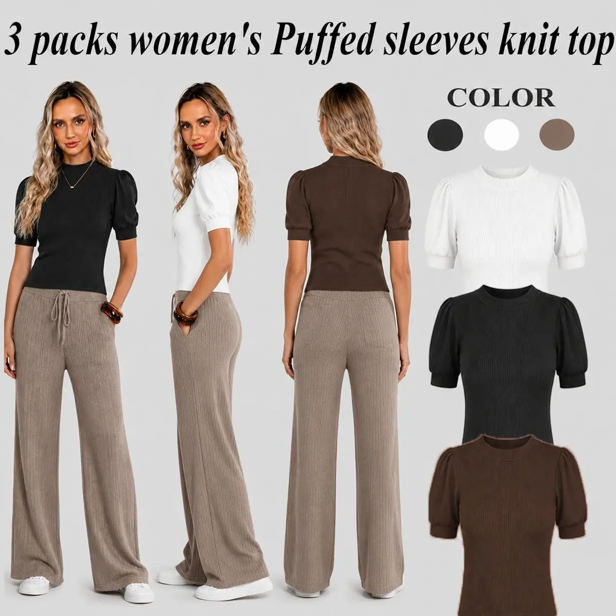 Women's Lightweight Knit Tops, 3 Pack Minimalist Puff Short Sleeve Fitted Sweater Blouse for Business Casual Layering, Knitwear, Shortsleeve, Puffed, Day, Basic
