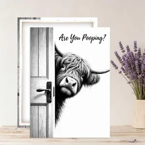 Whimsical Highland Cow Bathroom Canvas Art — Ideal for Bathrooms Wood-Framed Print featuring a Cow, Dachshund, Horse, Cat, Donkey, and a Black & White "Pooping Cow" Poster — Farm Animal Art for Bathroom and Restroom Decor, Bathroom Wall Art