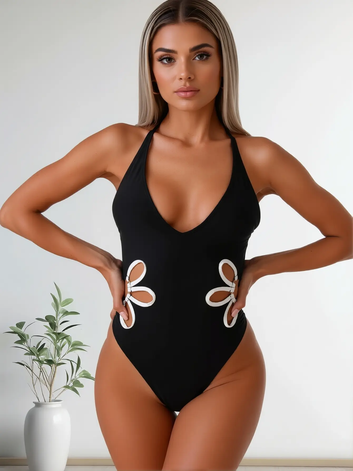 Women's European-American Style Solid Color 1-Piece Running Swim Swimsuit - Sexy Deep V-Neck, Side Hollowed-Out, Backless Cut, Multi-Size - Ideal for Running, Hot Springs