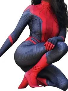 Red and black spliced spandex printed jumpsuit, adult performance costume, headband separated holiday role-playing costume, Halloween costume