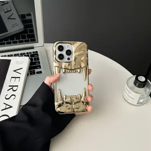 Fashion Cool Electroplated Silver Black Skull & Fangs Design, Imitation Metallic Glossy Hollow Heat Dissipation Soft Protective Case For iPhone 11 12 13 14 15 16 17 Pro Max, Creative Holiday Gift Phone Case For Men, Women, Kids and the Elderly