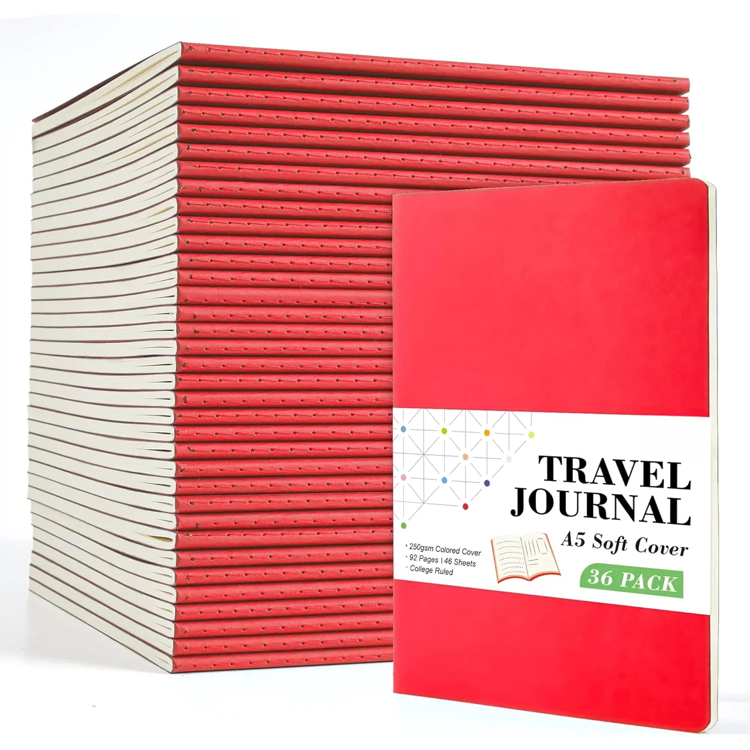 36 Pack Soft Cover Journal Bulk, Lined Blank Travel Journal for Women Men Writing, Notebooks College Ruled for Work, Note Taking Notebook School Business Supplies, 8.2" x 5.5", A5, Red