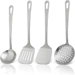 4pcs Cooking Utensils Set  Stainless Steel Kitchen Utensils Heavy Duty Metal Kitchen Tools with Stainless Steel Spatula Solid & Slotted Turner Ladle Skimmer Dishwasher Safe Easy to Clean