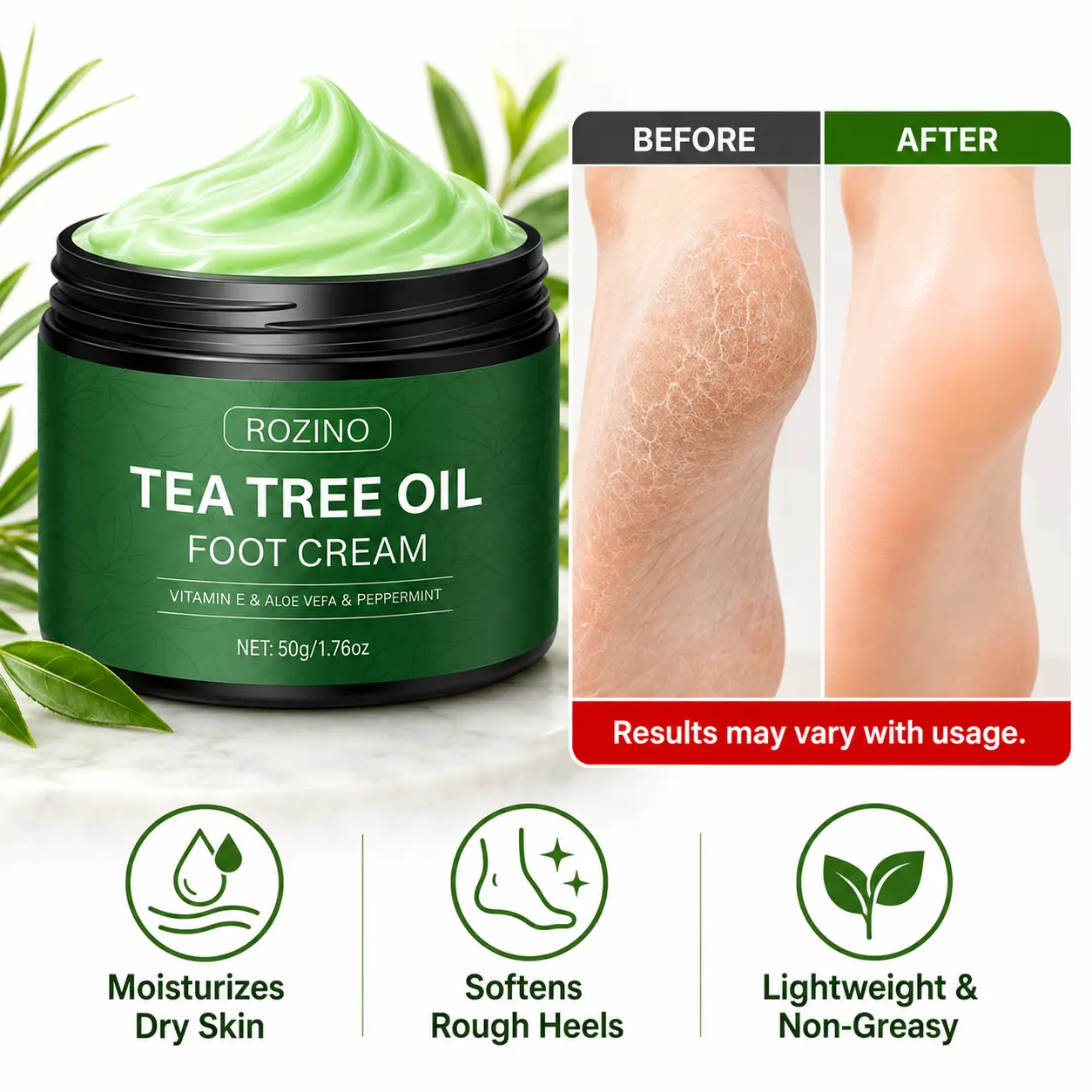 ROZINO Tea Tree Foot Cream, Moisturizing Foot Care with Aloe Vera, Peppermint & Vitamin E for Dry Rough Feet, 50g