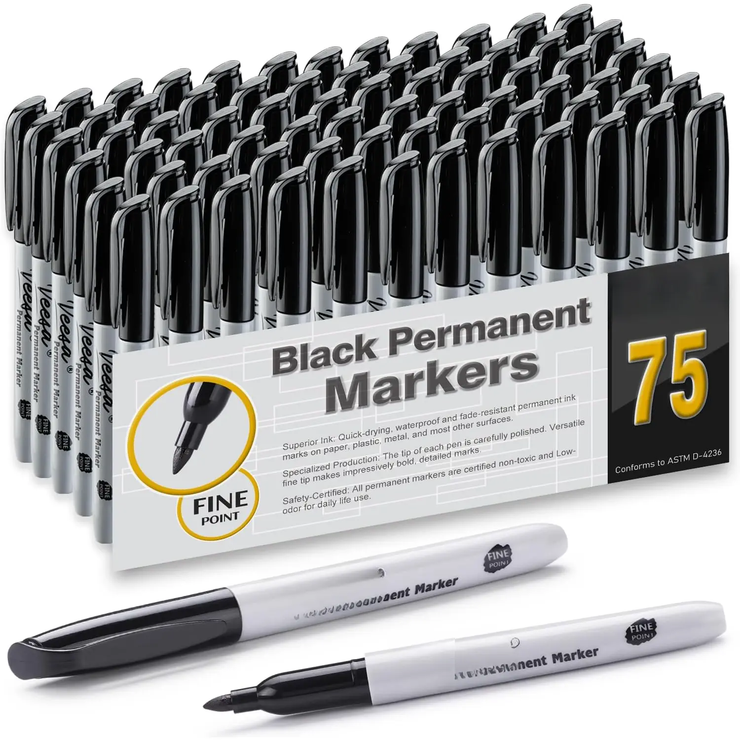 Permanent Markers Bulk of 75 Pack, Black Fine Point Tip Permanent Markers, , Quick Drying, Fading Resists, Marks on Paper, Glass, Ceramic, Plastic, , Rock, Metal