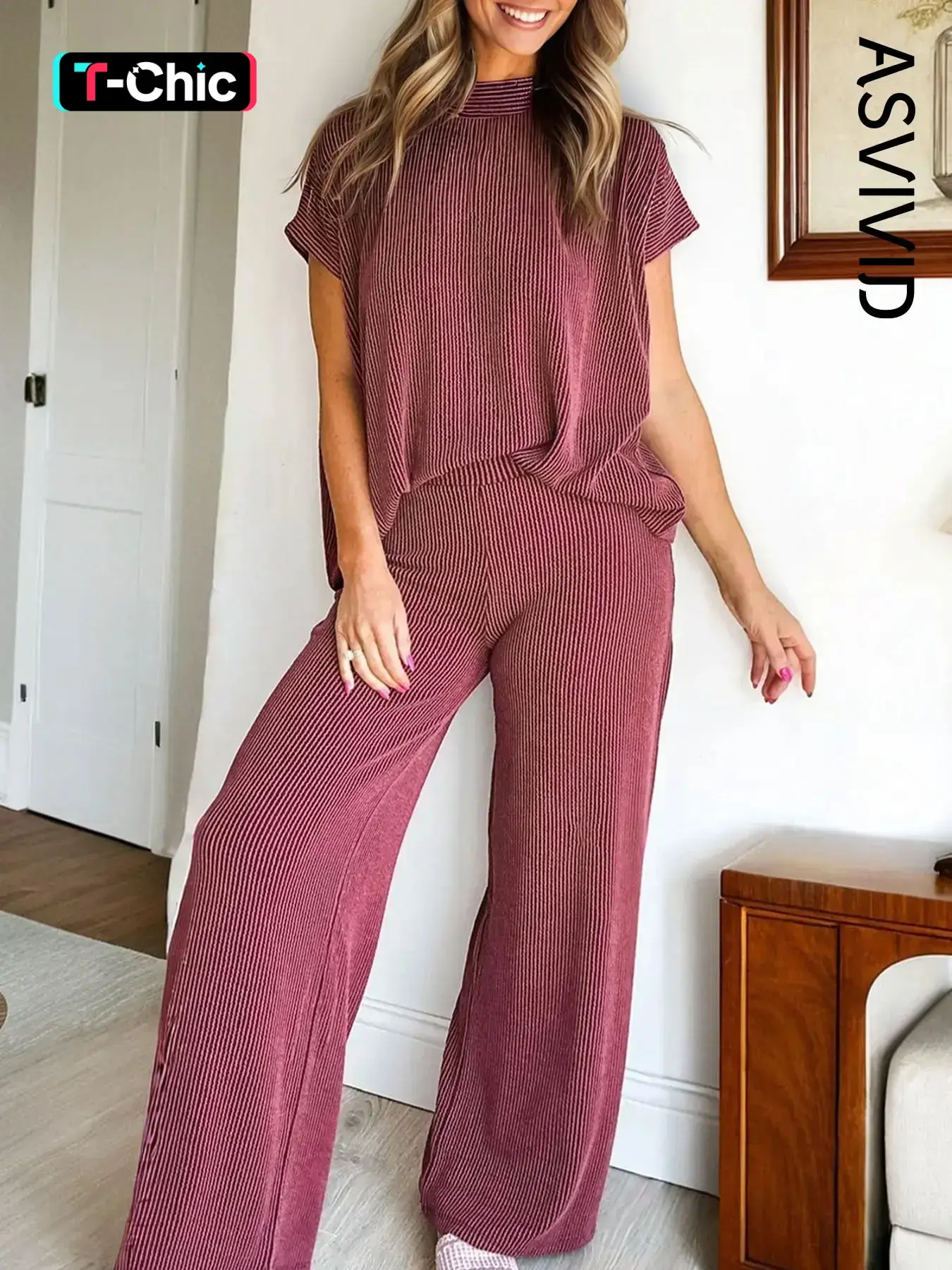 Women's Casual High Neck Twist Ribbed T-Shirt Elastic High Waist Long Pants Two-Piece Set, Womenswear, All Seasons, Comfortable and Stylish Outfit