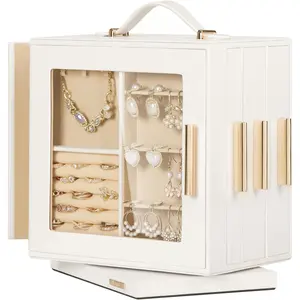 Jewelry Box 360 °     Rotating, Necklace Earring Organizer with Transparent Window, Mirror, 7 Drawers, Large Ring Display Storage Case for Girls Women (White)