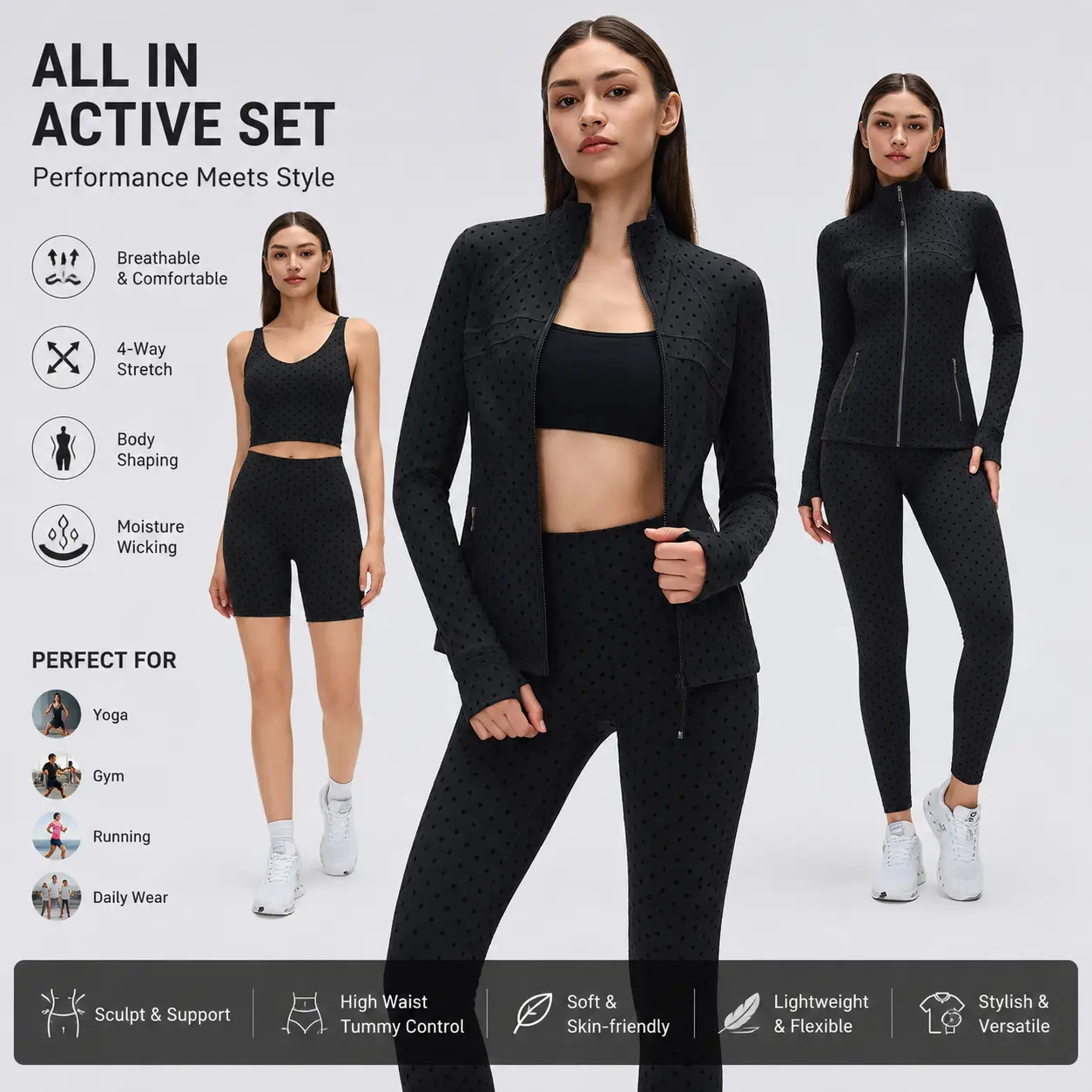 All In Active Set - Breathable & Comfortable 4-Way Stretch Body Shaping Moisture Wicking Perfect for Yoga Gym Running Daily Wear