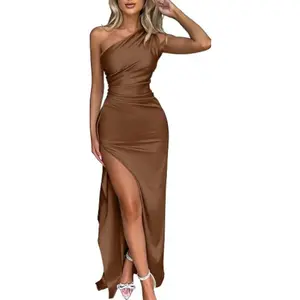 Other 2025 One-Shoulder Ruched Slit Sexy Satin Dress European and American Summer Elegant Slim Fit GS-30832 High Waist Sleeveless Long Skirt