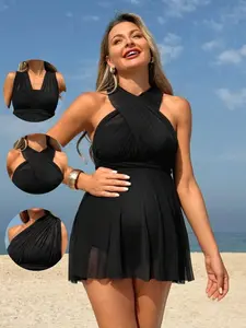 Name Solid Black Crossover Halter Maternity One-Piece Swimsuit for Pregnant Women Summer Beach Vacation High-Stretch Fabric V-Neck Criss-Cross Back Ruffle Hem Sleeveless Plain Design