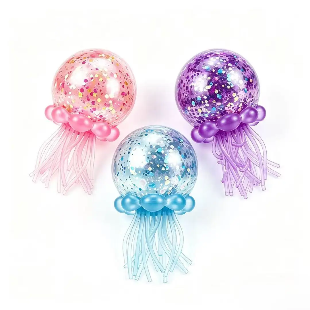 KIDGENIUS Quiet Glitter Jellyfish Decompression Squeeze Ball - Squishies Fidget Stress Ball, No Popping/Squeaking, Sensory-Friendly Anxiety Relief Toy for Teens-Adults, Easter/Birthday Party Office Calming Toy, Fidget Stress Balls