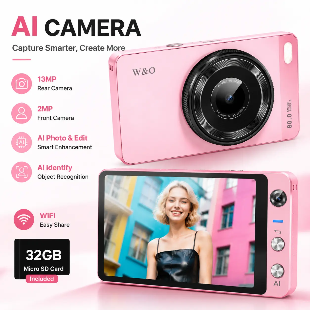 2026 AI Digital Camera, 13MP Rear & 2MP Front Lens, 3.94” Touch Screen WiFi Vlogging Camera, Auto Focus Point & Shoot, AI Object Recognition, Beauty Mode, Smart Photo Editing, 32GB Included, for Beginners & Kids