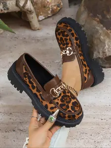 Women's Leopard Print Chain Decorated Loafers with Chain Buckle Design, Soft Velvet Upper, Anti-Slip Sole, Casual Home Shoes All Seasons