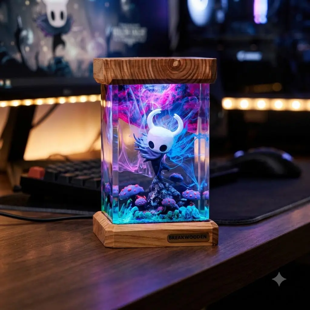 The Knight Hol.low Kni.ght Spore Diorama Figurine, Handcrafted Video Game Ornament, Aesthetic Gaming Room Desk Decor Gift for Hollow Knight Lovers