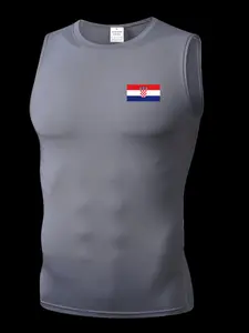 Men's Short Sleeve Sporty Slim-Fit Knitted Top, Quick-Dry Breathable Croatia Pattern, Ideal for Gym, Running, Boxing, Outdoor Activities