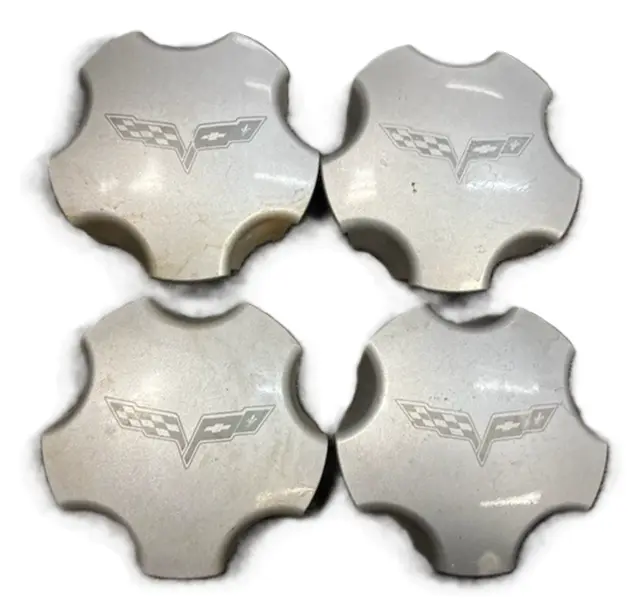 4-Piece OEM Silver Center Hub Cap Set for 2005-2007 Chevrolet Corvette, Part Numbers 9594652, 5208, 5207, 5209