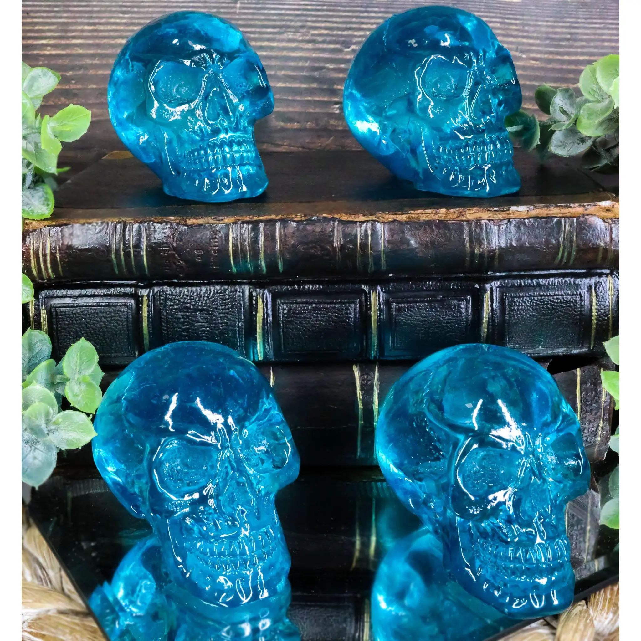4-Piece Blue Translucent Witching Hour Gazing Skull Acrylic Mini Figurines, Hand-Painted Halloween Home Decor Statues & Miniatures, Four Pieces