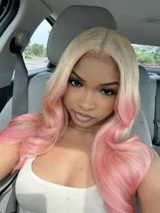 26 Inch White to Pink Ombre Wavy Hair Heat Resistant Synthetic Wig Soft & Lightweight Natural Parting Synthetic Machine Wigs