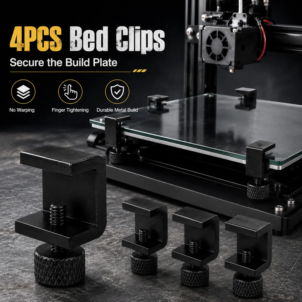4PCS Adjustable 3D Printer Glass Bed Clips, Aluminum Alloy Build Plate Clamps with Knurled Hand-Tightening Knobs, Low-Profile Heat Bed Holders Help Reduce Plate Shifting for 3-9mm Platforms, FDM Printer DIY & Maintenance
