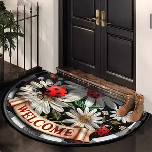Spring Welcome Door Mat, Half Round European Vintage Floral Rug, Bee Daisy Pattern, Non-Shedding Easy Care Durable Fabric, Floor Mat