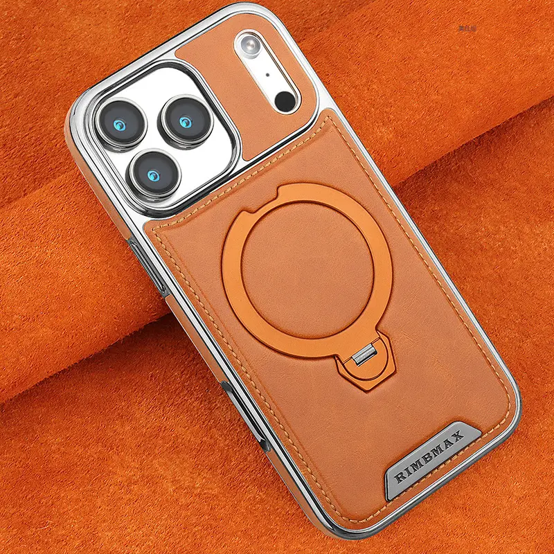 RIMBMAX Customized Cow Hide Leather Texture Cellphone Casing for iPhone 17 Pro Max,16,15,14,13,12 - 360° Rotatable Magnetic Kickstand, Full Shockproof Protection Cover with Screen Protector, Stylish Accessory Ideal Father's Day Gift Protective