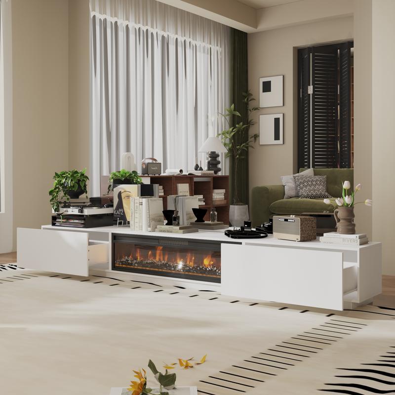 FUFU&GAGA Fireplace TV Stand for TVs Up to 109" with 46" Electric Fireplace Heater LED Light Media Console Storage Cabinet, White Entertainment Center for Living Room