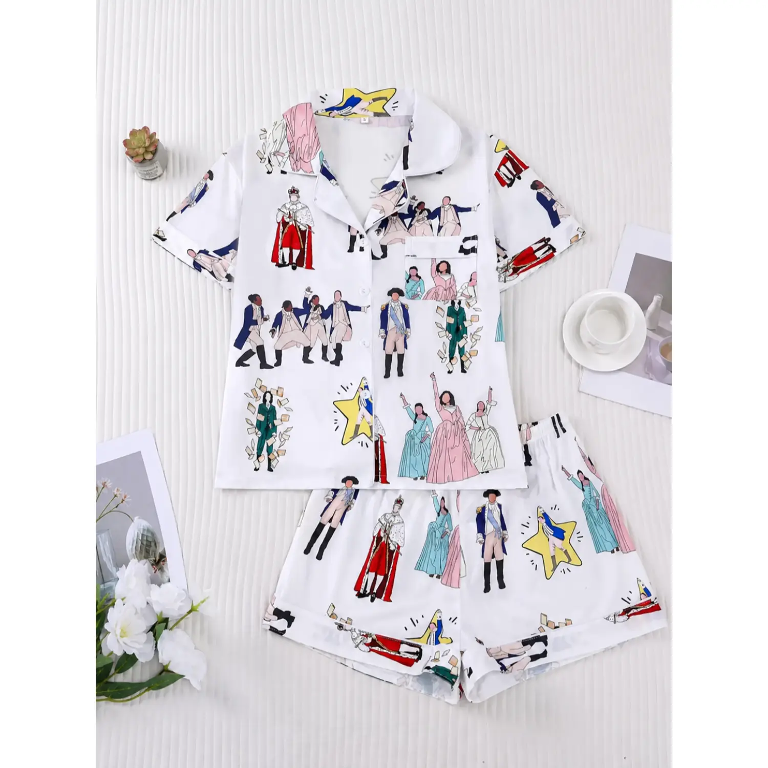 Women's Hamilton Musical Pajama Set, Short Sleeve Collared Soft Top & Elastic Waist Shorts, Cozy Loungewear