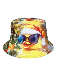 Christmas yellow duck bucket hat, double-sided wear, foldable lightweight design fisherman hat, unisex casual sun protection hat, perfect for Christmas parties and holidays