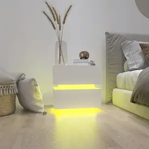 White Color High Glossy 2 Drawers Bedside Table with RGB Led Light Nightstand with Bluetooth Control