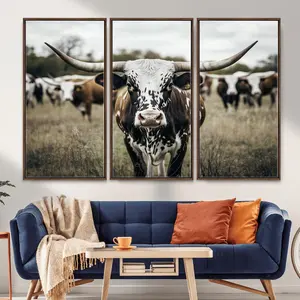 Texas Longhorn Wall Art – Framed Speckled Cow Canvas Artwork, Horned Cattle Design, Western Ranch Decor for Home, Office